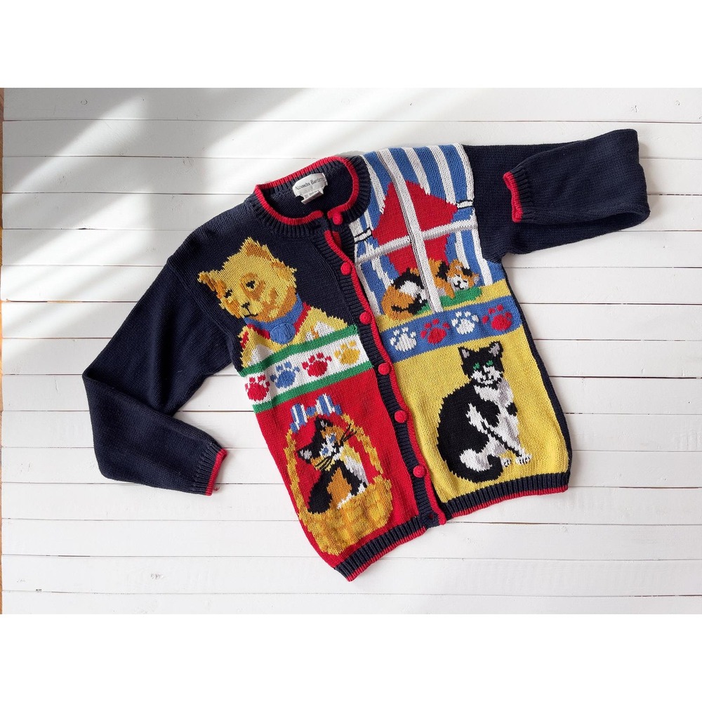 Alexandra Barlett vtg cat‎ kitten novelty embroidered grandma cardigan sweater